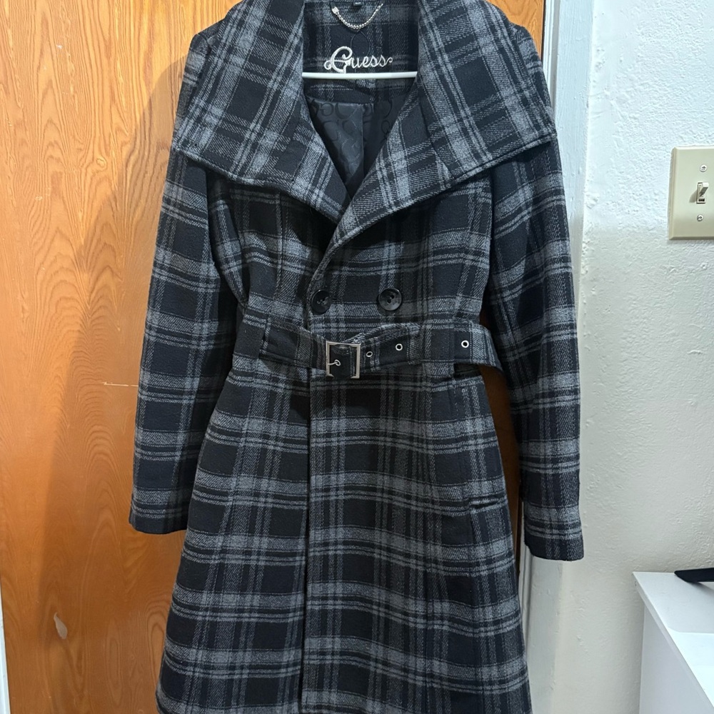 Vintage Guess Plaid Wool Coat, Gray, Small